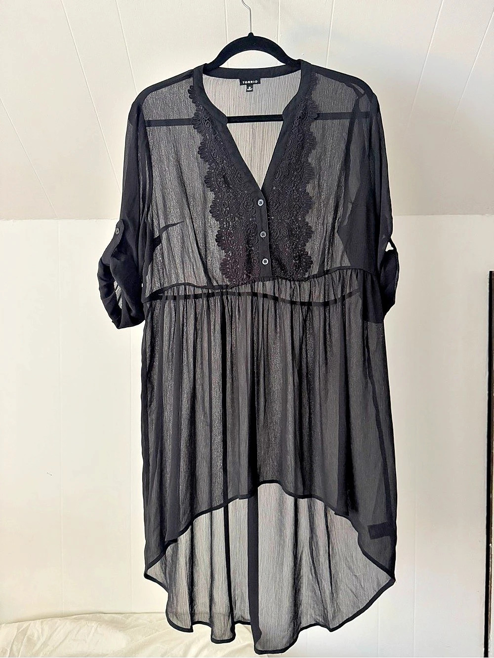 Torrid Black Lace-Trim V-Neck Button Sheer Tunic, Size 0 (XL)